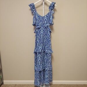 Simply Southern Maxi Dress Blue Paisley Turtle Ruffle Tiered XL‎ Preppy Coquette